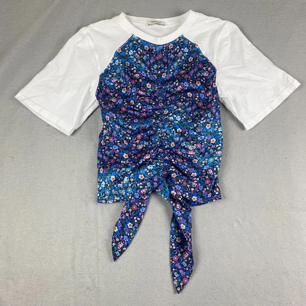 Sandro Lutetia Floral Print Mixed Media Top Open Back Tie Ruched Satin Blouse - Picture 6 of 13